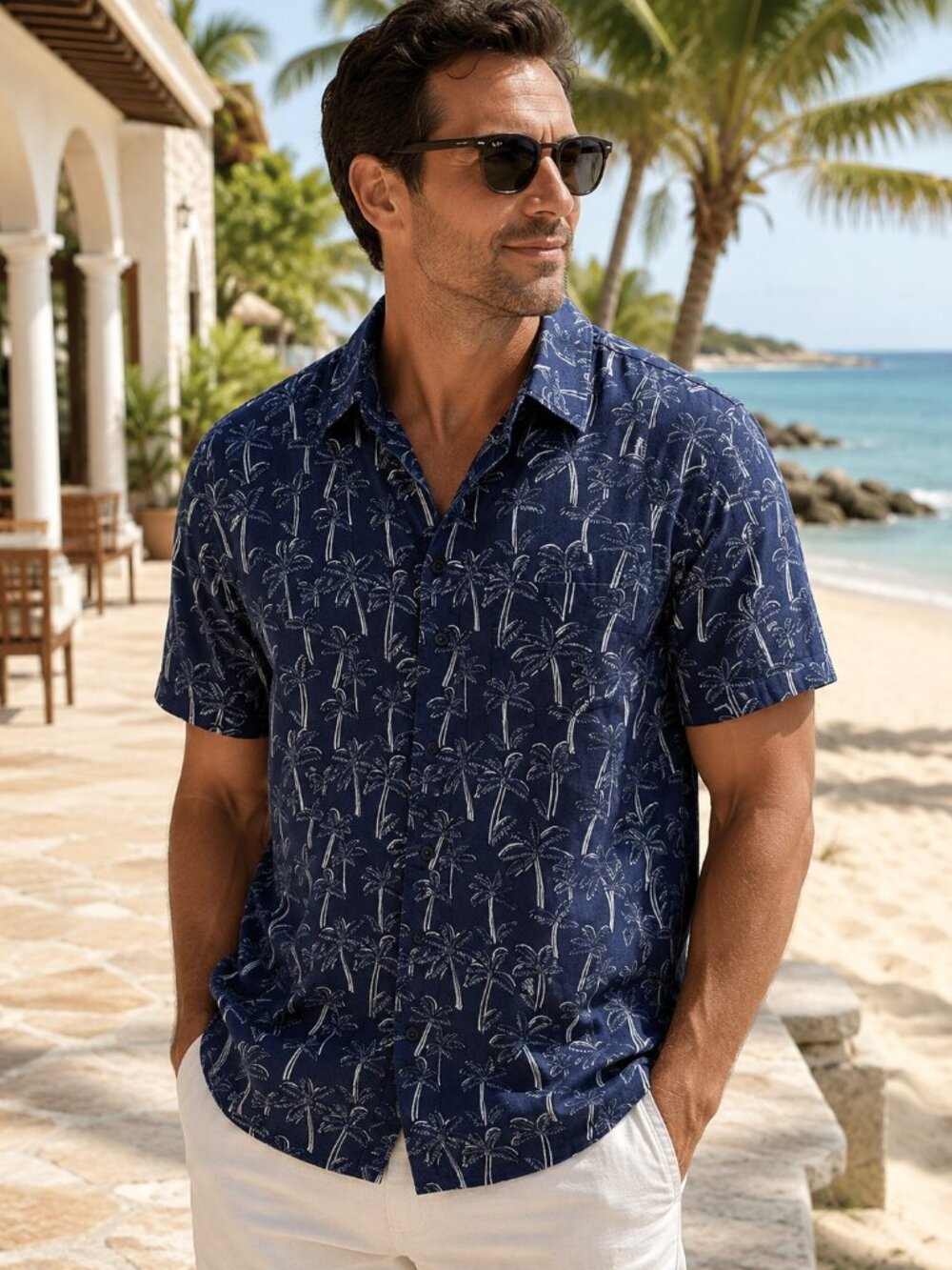 American Eagle Outfitters Navy Palm Tree Print Camp Shirt Men's Large Tropical